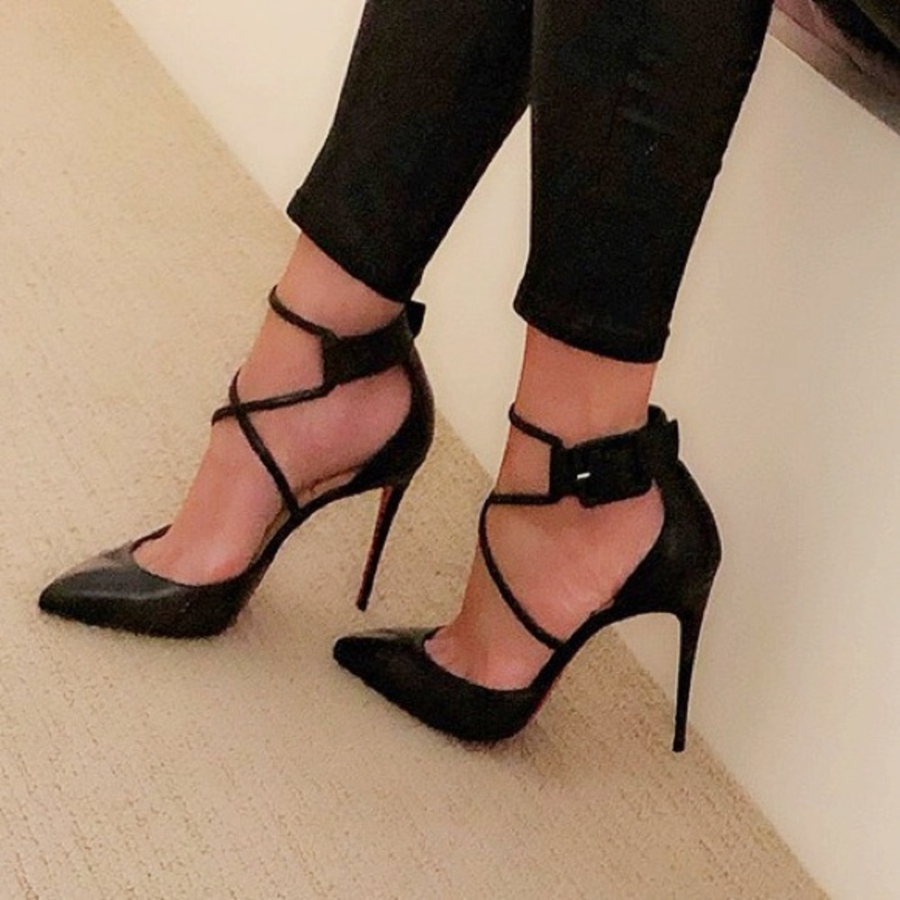Christian Louboutin Shiny Nappa Black Suzanna Ankle Strap Heels 100mm Pump 40